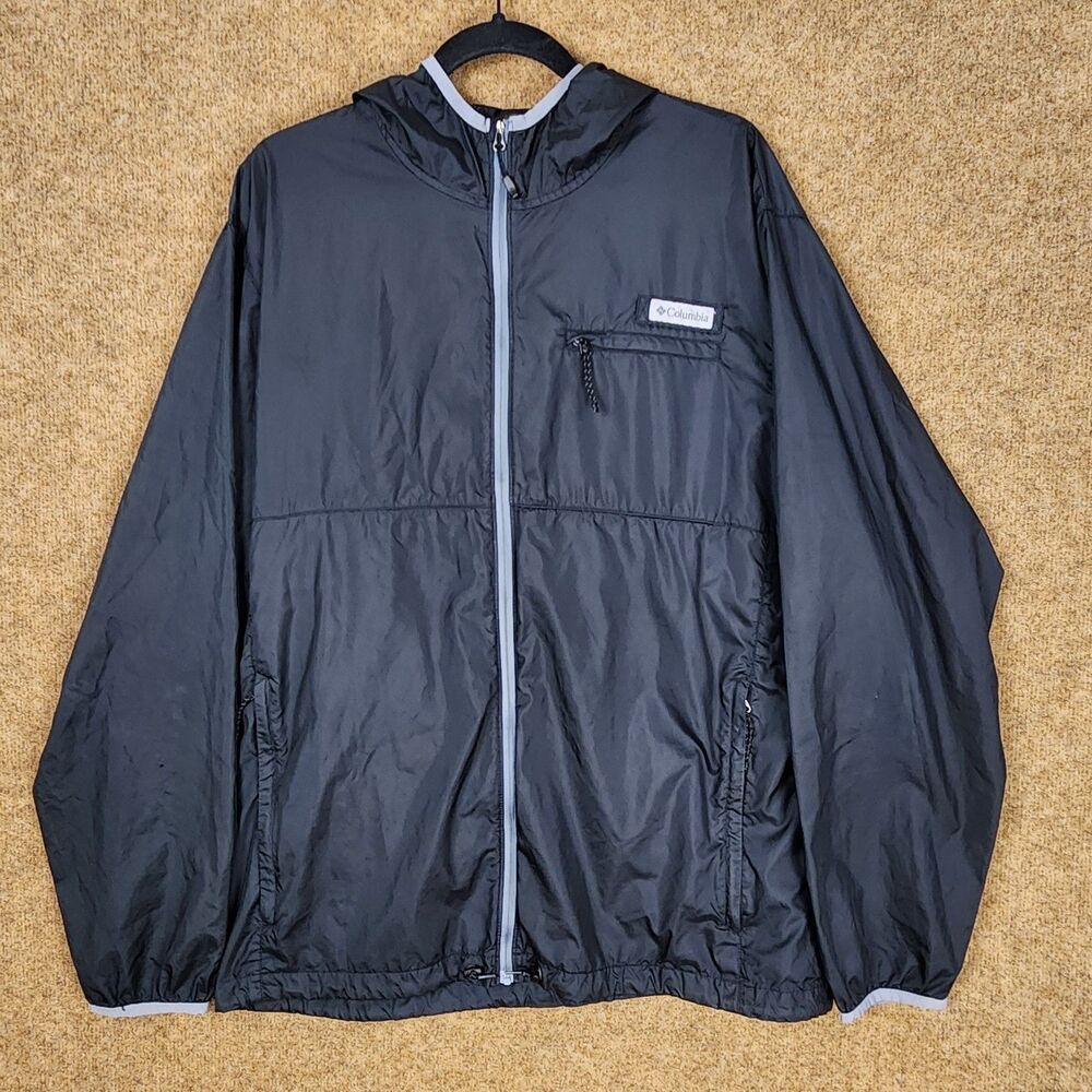Columbia Men Hooded Windbreaker Lightweight Jacket Full Gray Zip Black XL